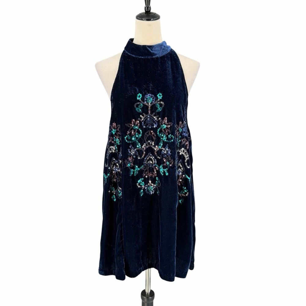 Free People Navy Velvet Sequin Embroidered Jill Whimsygoth Swing Mini Fall Dress